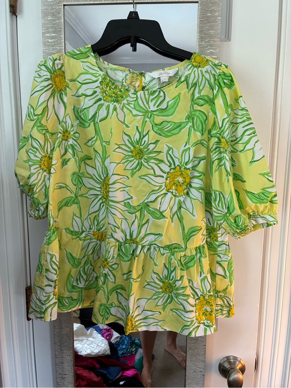 Lilly Pulitzer Yellow & Green Floral Peplum Blouse EUC